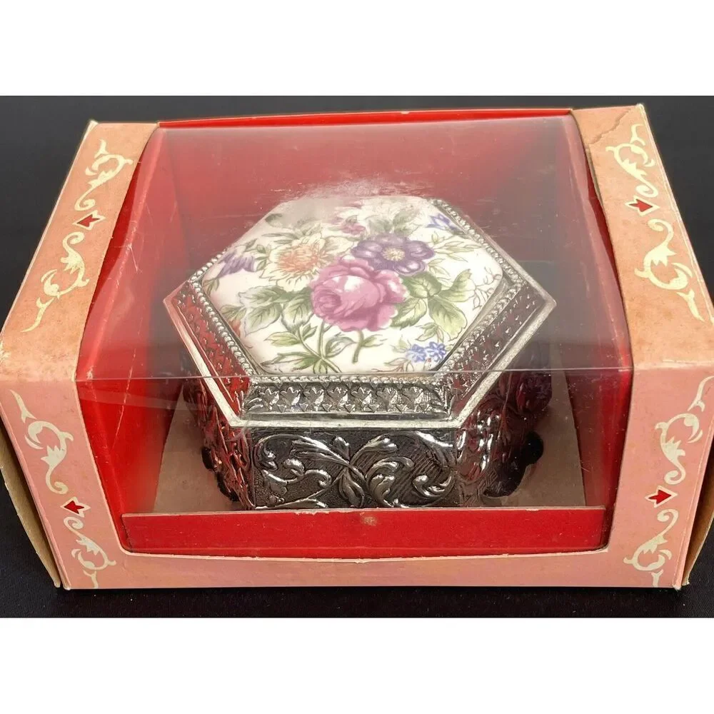 Vintage Japan Jewelry Trinket Box Silver Plated Painted Floral Hinged Top Lined - Picture 2 of 15